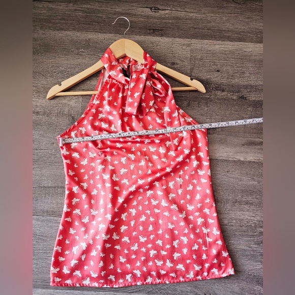 Rose pink white butterfly printed palette tip tie bow sleeveless shirt women's S - Picture 6 of 7